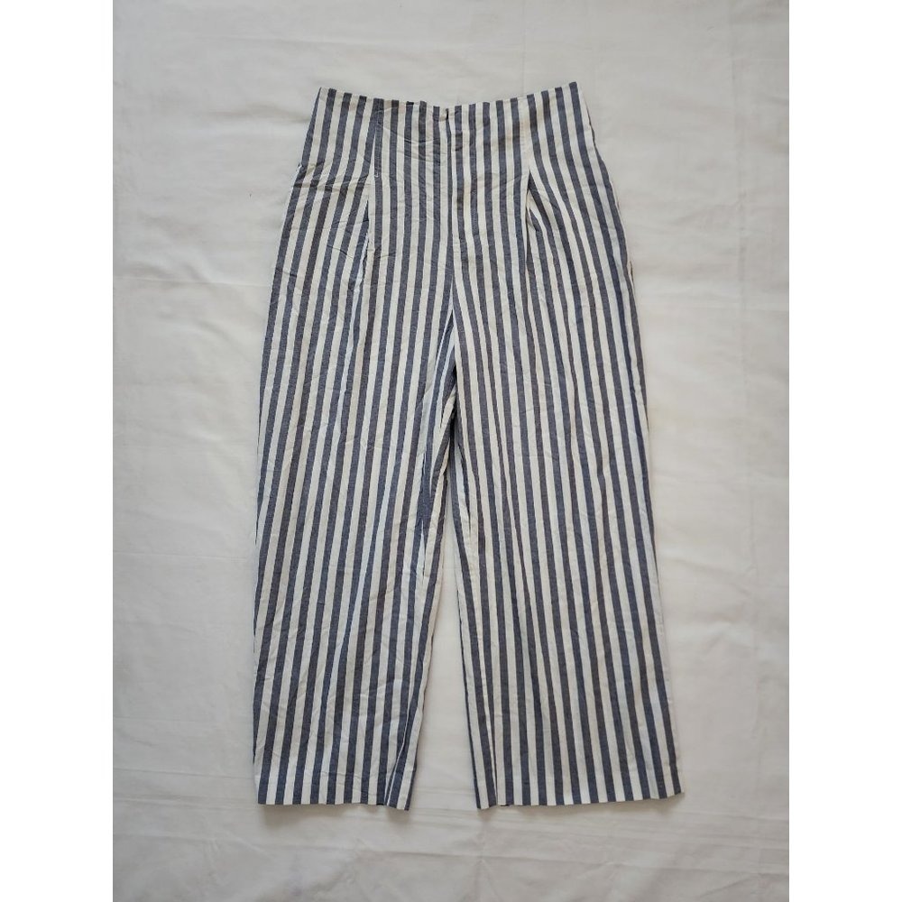 ZARA Women's Blue And White Striped Wide-Leg Pleated Cropped Pants Size Large - Picture 5 of 15